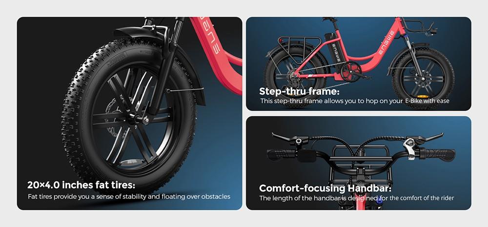 Elektrokolo ENGWE L20 20*4,0 palce, tlusté pneumatiky, motor 250 W, maximální rychlost 25 km/h, baterie 48 V 13 Ah, dojezd 140 km, maximální zatížení 120 kg, převodovka Shimano 7 rychlostí - červená