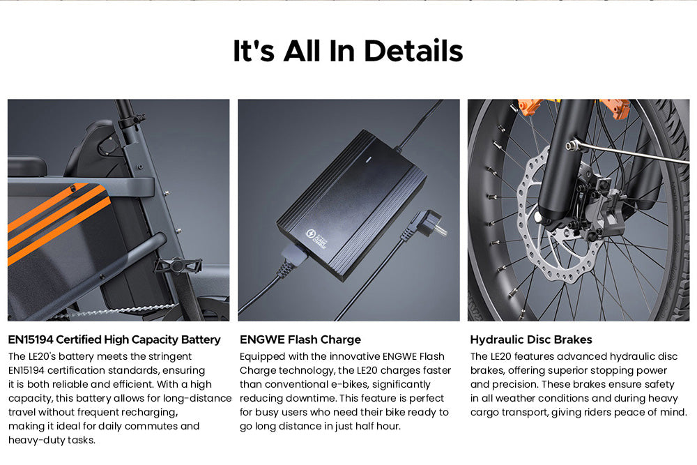 Nákladní elektrokolo ENGWE LE20, motor 250 W s středovým pohonem, senzor točivého momentu, baterie 48 V 2*19,2 Ah, pneumatiky 20 x 3,0 palce, maximální rychlost 25 km/h, dojezd 180 km, hydraulické kotoučové brzdy, přední odpružení, SHIMANO 7 rychlostí, nosnost 200 kg - šedá