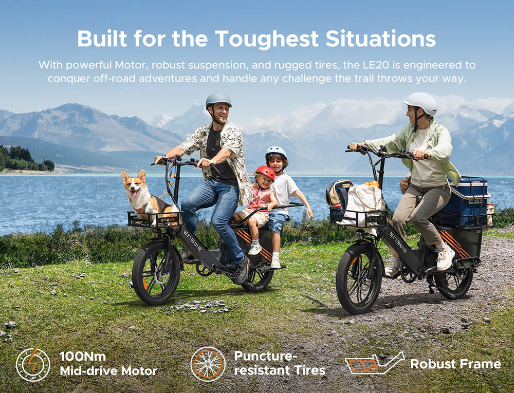 Nákladní elektrokolo ENGWE LE20, motor 250 W s středovým pohonem, senzor točivého momentu, baterie 48 V 2*19,2 Ah, pneumatiky 20 x 3,0 palce, maximální rychlost 25 km/h, dojezd 180 km, hydraulické kotoučové brzdy, přední odpružení, SHIMANO 7 rychlostí, nosnost 200 kg - šedá