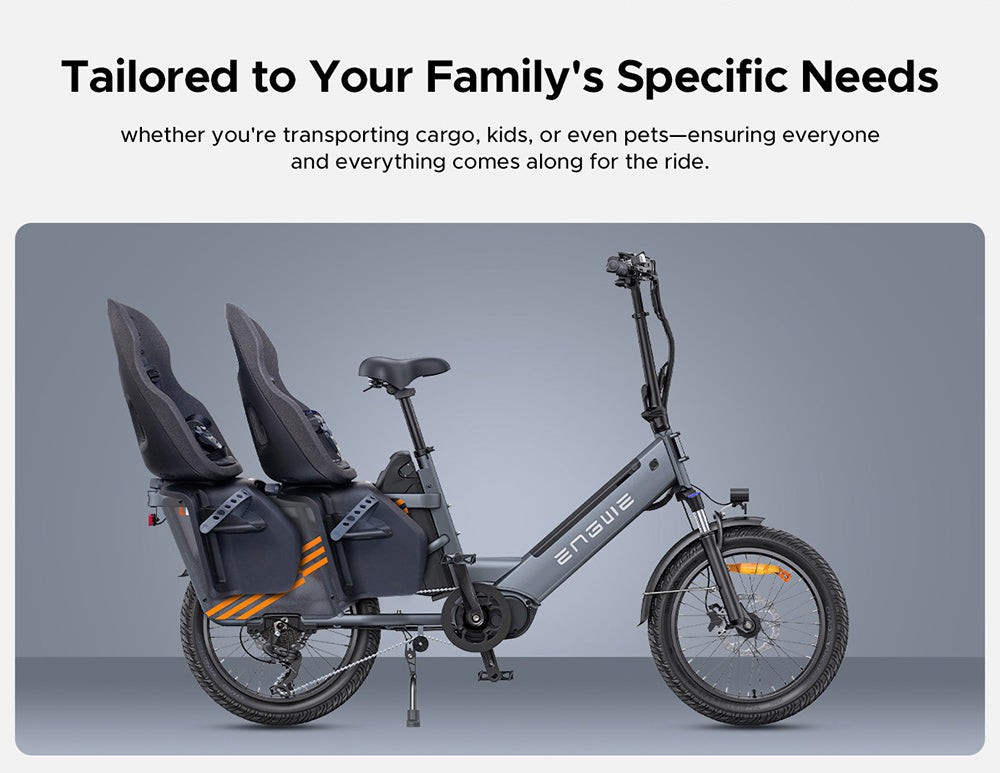 Nákladní elektrokolo ENGWE LE20, motor 250 W s středovým pohonem, senzor točivého momentu, baterie 48 V 2*19,2 Ah, pneumatiky 20 x 3,0 palce, maximální rychlost 25 km/h, dojezd 180 km, hydraulické kotoučové brzdy, přední odpružení, SHIMANO 7 rychlostí, nosnost 200 kg - šedá