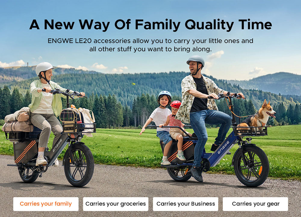 Nákladní elektrokolo ENGWE LE20, motor 250 W s středovým pohonem, senzor točivého momentu, baterie 48 V 2*19,2 Ah, pneumatiky 20 x 3,0 palce, maximální rychlost 25 km/h, dojezd 180 km, hydraulické kotoučové brzdy, přední odpružení, SHIMANO 7 rychlostí, nosnost 200 kg - šedá