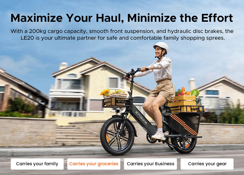Nákladní elektrokolo ENGWE LE20, motor 250 W s středovým pohonem, senzor točivého momentu, baterie 48 V 2*19,2 Ah, pneumatiky 20 x 3,0 palce, maximální rychlost 25 km/h, dojezd 180 km, hydraulické kotoučové brzdy, přední odpružení, SHIMANO 7 rychlostí, nosnost 200 kg - šedá