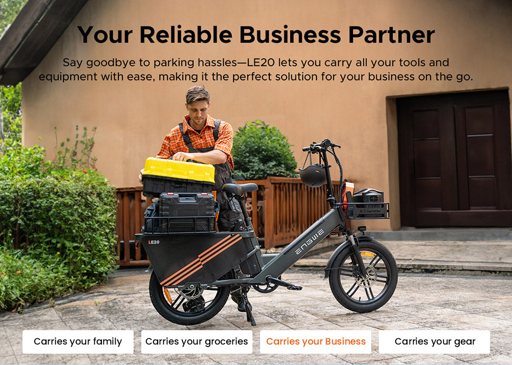 Nákladní elektrokolo ENGWE LE20, motor 250 W s středovým pohonem, senzor točivého momentu, baterie 48 V 2*19,2 Ah, pneumatiky 20 x 3,0 palce, maximální rychlost 25 km/h, dojezd 180 km, hydraulické kotoučové brzdy, přední odpružení, SHIMANO 7 rychlostí, nosnost 200 kg - šedá