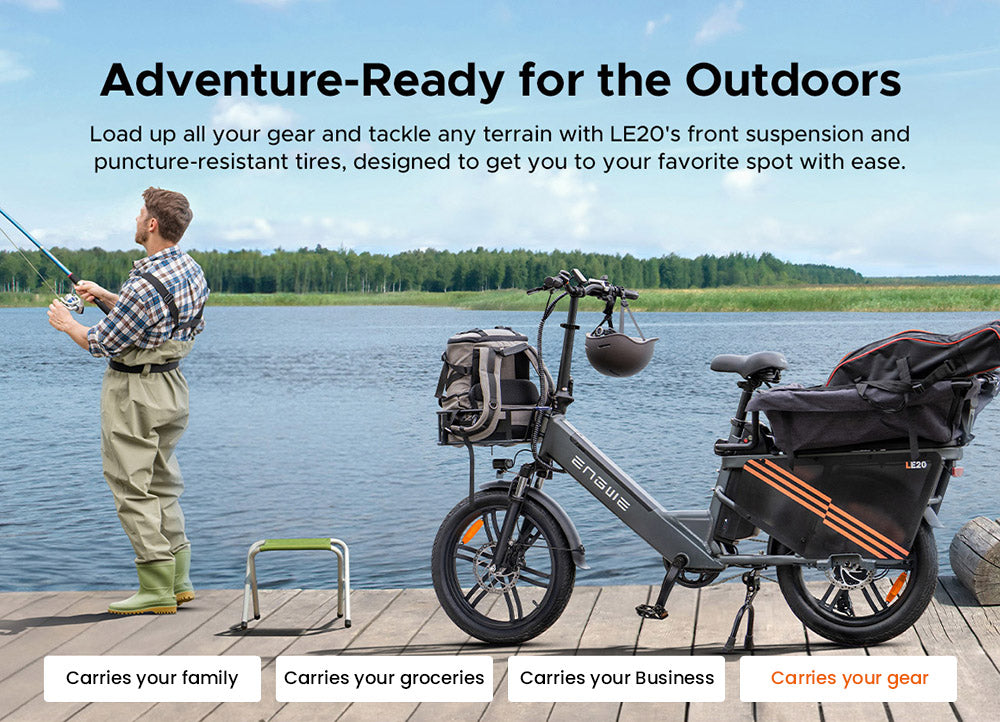 Nákladní elektrokolo ENGWE LE20, motor 250 W s středovým pohonem, senzor točivého momentu, baterie 48 V 2*19,2 Ah, pneumatiky 20 x 3,0 palce, maximální rychlost 25 km/h, dojezd 180 km, hydraulické kotoučové brzdy, přední odpružení, SHIMANO 7 rychlostí, nosnost 200 kg - šedá