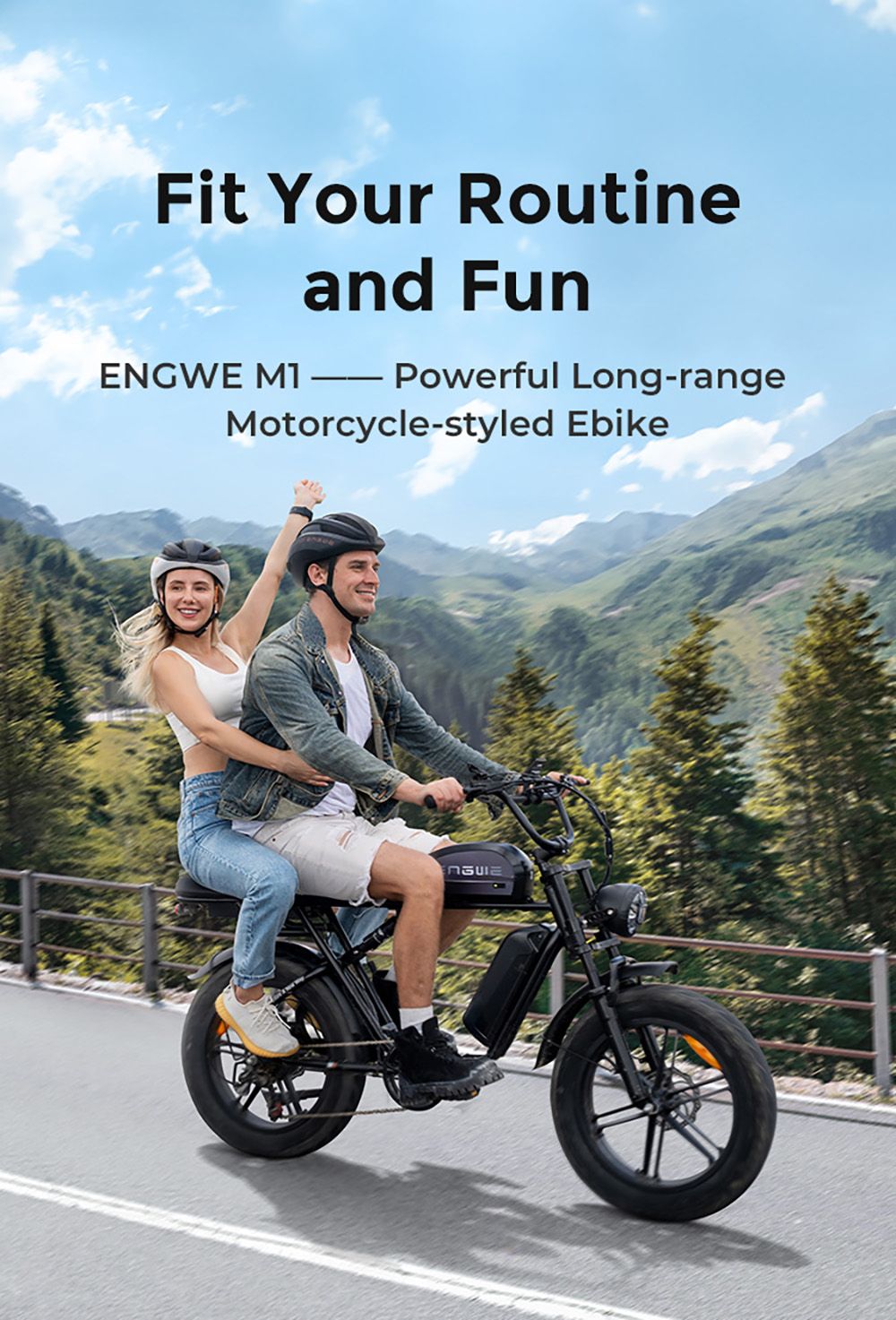 Elektrokolo ENGWE M1, motor 250 W, baterie 48 V 15,6 Ah, tlusté pneumatiky 20 x 4,0 palce, maximální rychlost 25 km/h, dojezd 90 km, hydraulické kotoučové brzdy, dvojité odpružení, řazení Shimano 7 rychlostí, LCD displej - černé