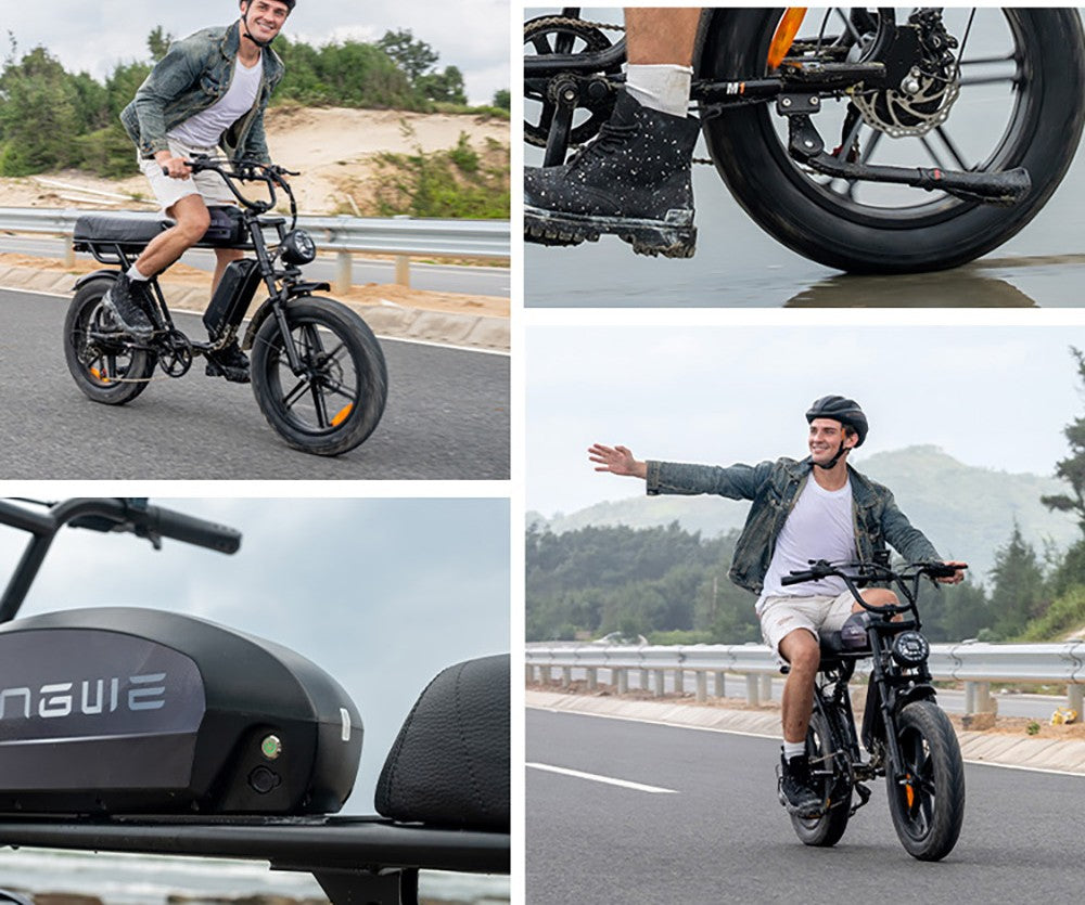 Elektrokolo ENGWE M1, motor 250 W, baterie 48 V 15,6 Ah, tlusté pneumatiky 20 x 4,0 palce, maximální rychlost 25 km/h, dojezd 90 km, hydraulické kotoučové brzdy, dvojité odpružení, řazení Shimano 7 rychlostí, LCD displej - černé