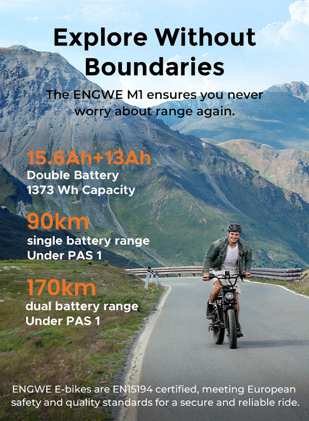 Elektrokolo ENGWE M1, motor 250 W, baterie 48 V 15,6 Ah, tlusté pneumatiky 20 x 4,0 palce, maximální rychlost 25 km/h, dojezd 90 km, hydraulické kotoučové brzdy, dvojité odpružení, řazení Shimano 7 rychlostí, LCD displej - černé