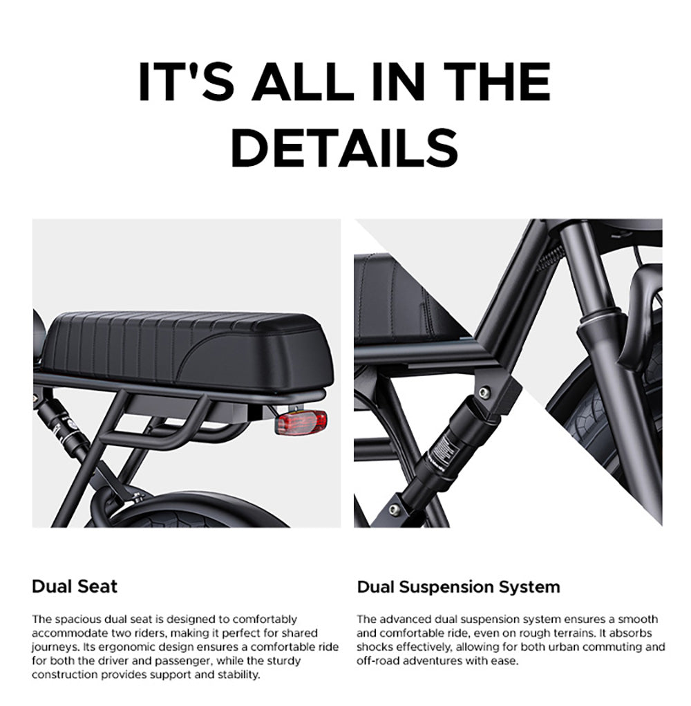 Elektrokolo ENGWE M1, motor 250 W, baterie 48 V 15,6 Ah, tlusté pneumatiky 20 x 4,0 palce, maximální rychlost 25 km/h, dojezd 90 km, hydraulické kotoučové brzdy, dvojité odpružení, řazení Shimano 7 rychlostí, LCD displej - černé