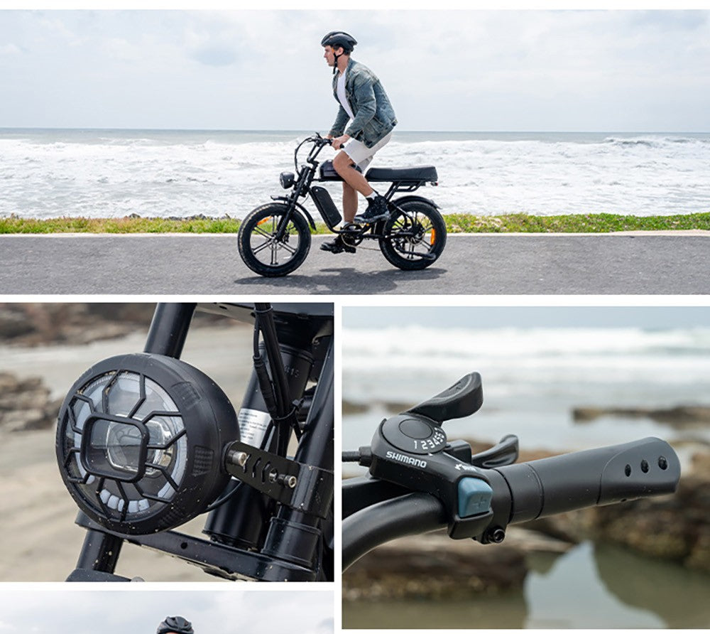 Elektrokolo ENGWE M1, motor 250 W, baterie 48 V 15,6 Ah, tlusté pneumatiky 20 x 4,0 palce, maximální rychlost 25 km/h, dojezd 90 km, hydraulické kotoučové brzdy, dvojité odpružení, řazení Shimano 7 rychlostí, LCD displej - černé