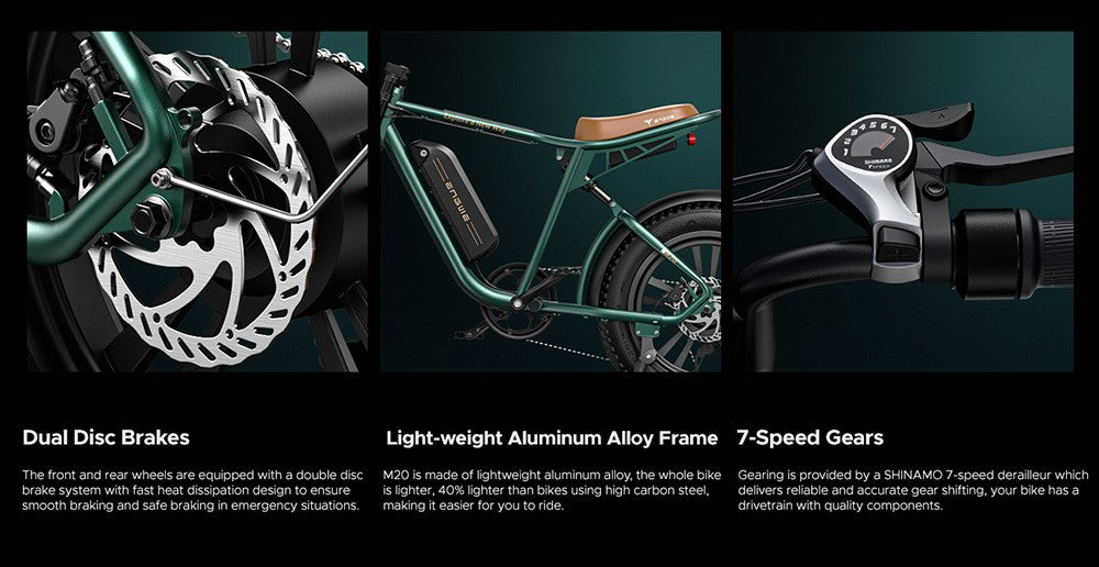 Elektrokolo ENGWE M20, 20*4,0'' tlusté pneumatiky, bezkartáčový motor 750 W, maximální rychlost 45 km/h, baterie 48 V 13 Ah, dojezd 75 km, dvojitá kotoučová brzda Shimano 7 rychlostí, dvojitý tlumič - černá