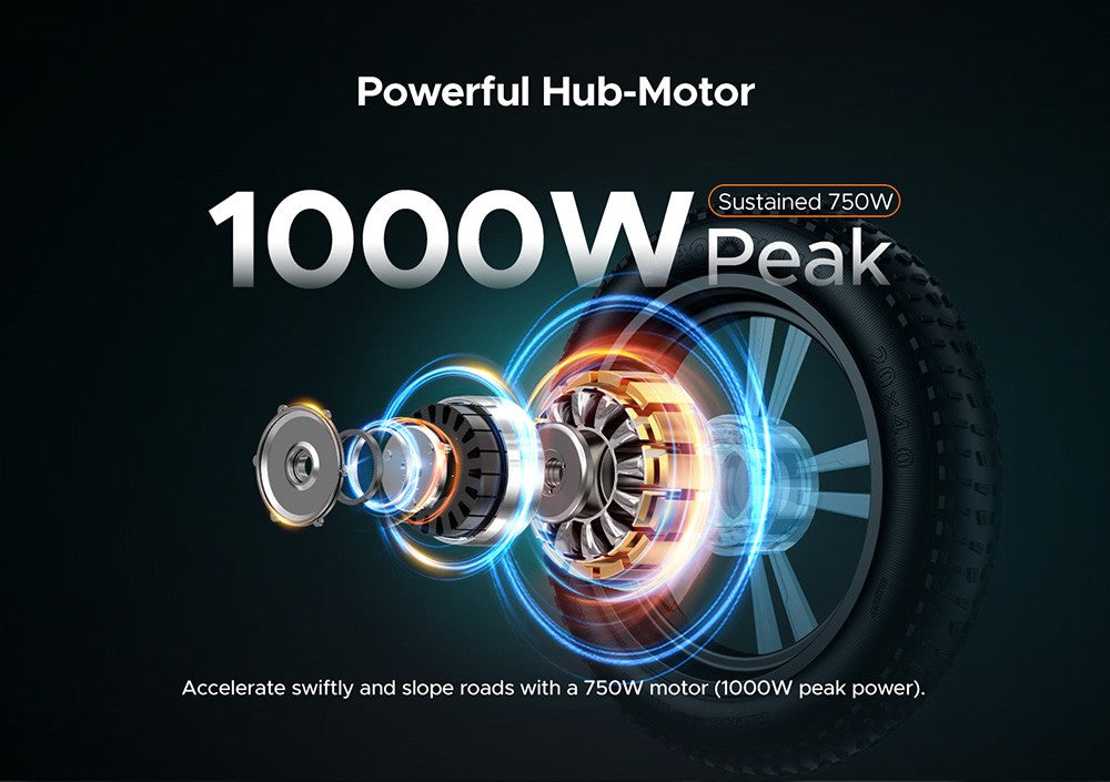 Elektrokolo ENGWE M20, 20*4,0'' tlusté pneumatiky, bezkartáčový motor 750 W, maximální rychlost 45 km/h, baterie 48 V 13 Ah, dojezd 75 km, dvojitá kotoučová brzda Shimano 7 rychlostí, dvojitý tlumič - černá