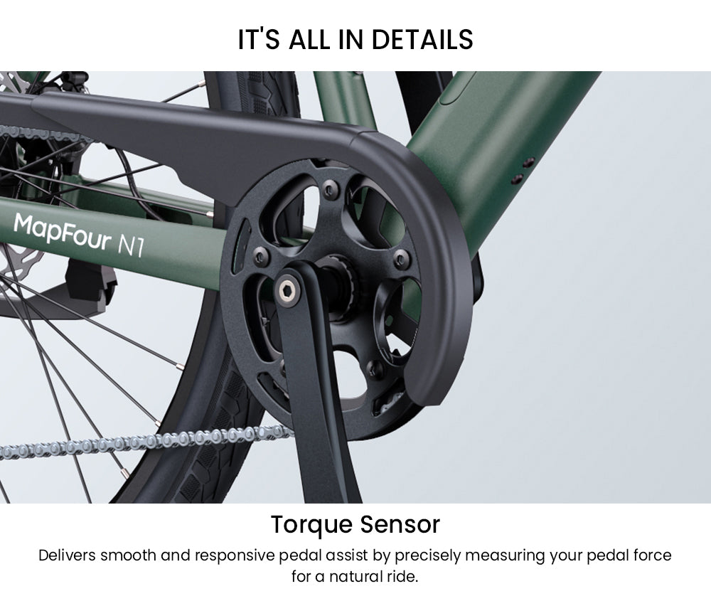 Elektrokolo ENGWE MapFour N1 Air, motor 250 W, baterie 36 V 10 Ah, pláště s drátky 700*38C, maximální rychlost 25 km/h, dojezd 100 km, mechanická kotoučová brzda vpředu a vzadu, 7 rychlostí SHIMANO, senzor točivého momentu, barevný LCD displej - uhlově šedá