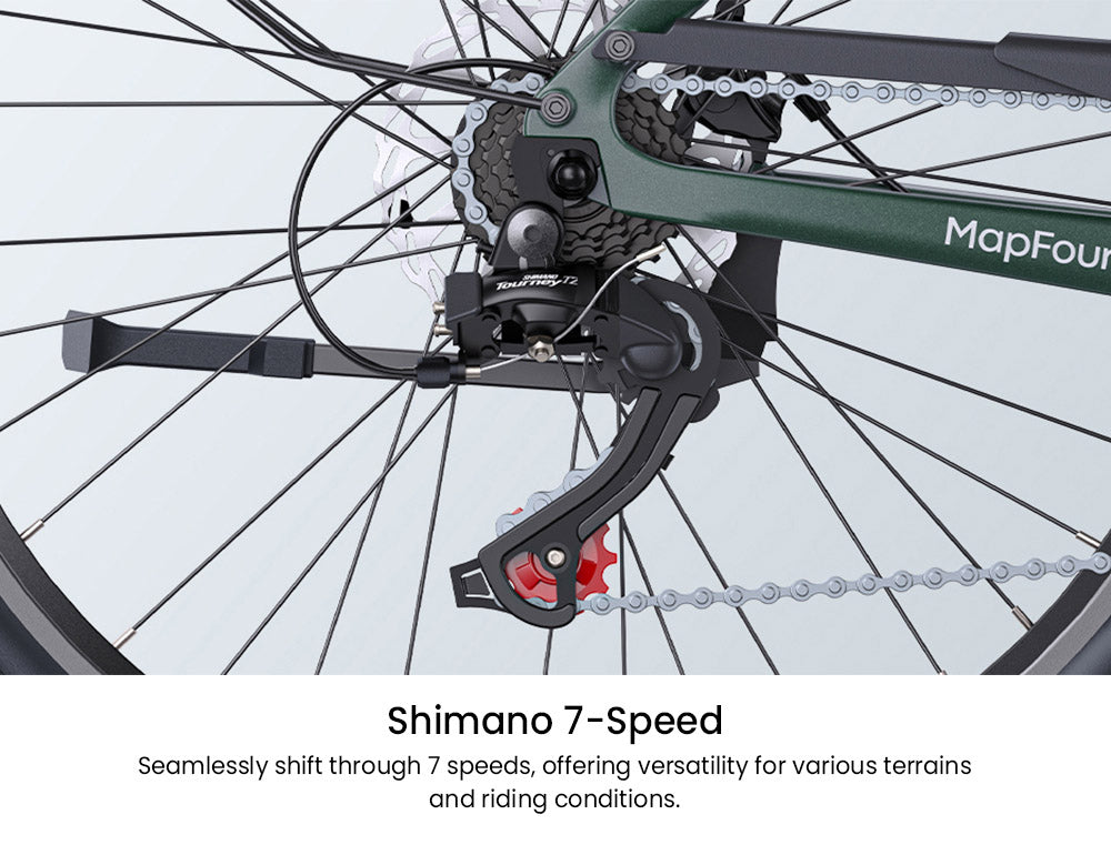 Elektrokolo ENGWE MapFour N1 Air, motor 250 W, baterie 36 V 10 Ah, pláště s drátky 700*38C, maximální rychlost 25 km/h, dojezd 100 km, mechanická kotoučová brzda vpředu a vzadu, 7 rychlostí SHIMANO, senzor točivého momentu, barevný LCD displej - uhlově šedá