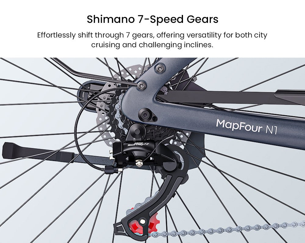 Elektrokolo ENGWE MapFour N1 Pro, motor 250 W, baterie 36 V 10 Ah, pláště s drátky 700*42C, maximální rychlost 25 km/h, dojezd 100 km, hydraulické kotoučové brzdy vpředu a vzadu, 7stupňová převodovka Shimano, senzor točivého momentu, LED barevný displej - zelený