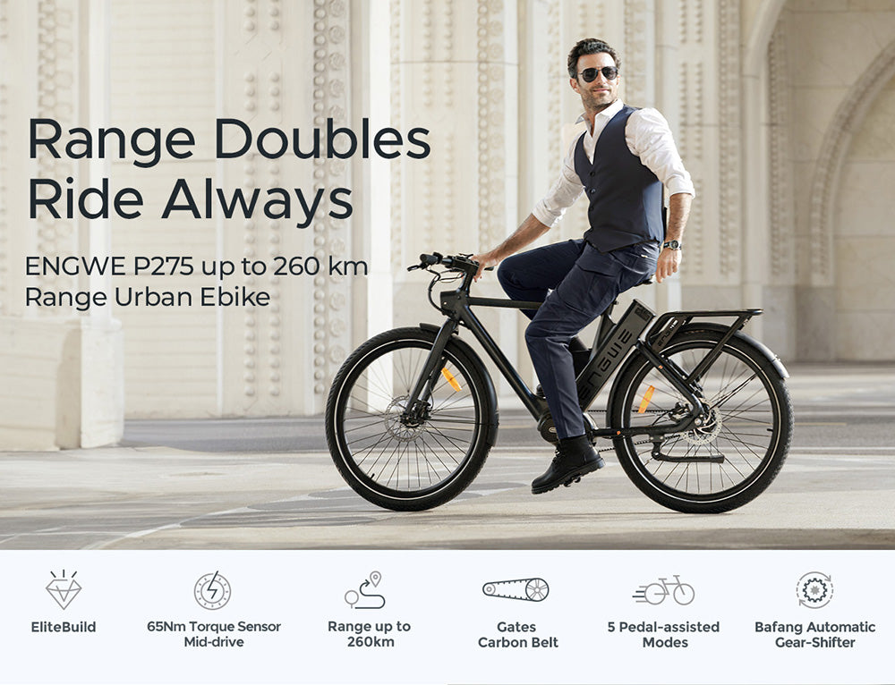 Městské elektrokolo ENGWE P275 Pro, 27,5" drátové pneumatiky, 250W bezkartáčový motor Bafang se středním pohonem, 3stupňová automatická řadicí páka, baterie 36V 19,2Ah, maximální dojezd 260 km, přední a zadní hydraulická kotoučová brzda - černá