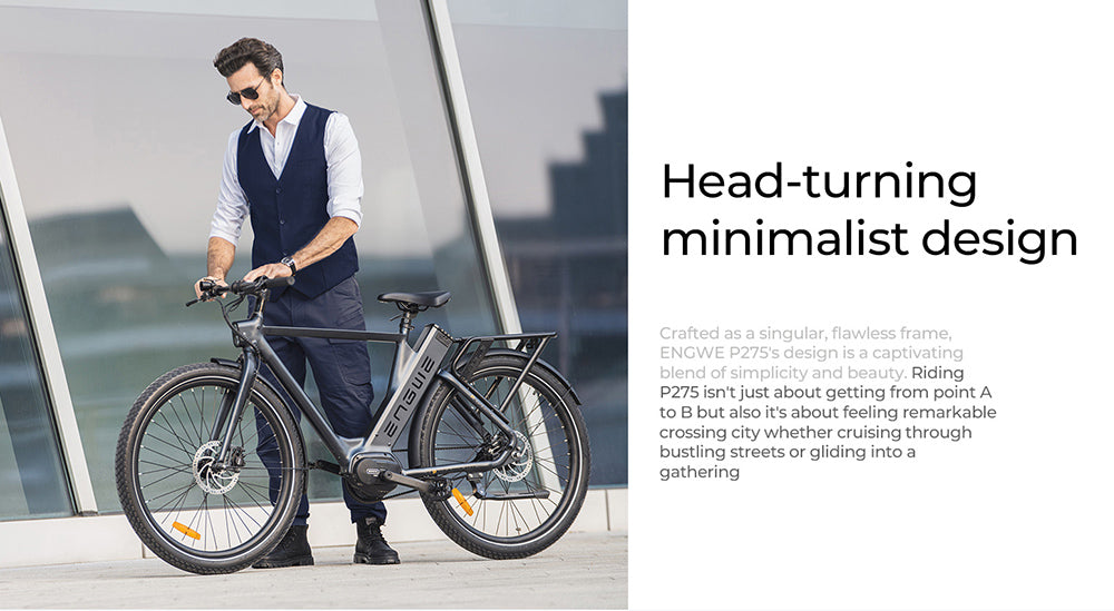 Městské elektrokolo ENGWE P275 Pro, 27,5" drátové pneumatiky, 250W bezkartáčový motor Bafang se středním pohonem, 3stupňová automatická řadicí páka, baterie 36V 19,2Ah, maximální dojezd 260 km, přední a zadní hydraulická kotoučová brzda - černá