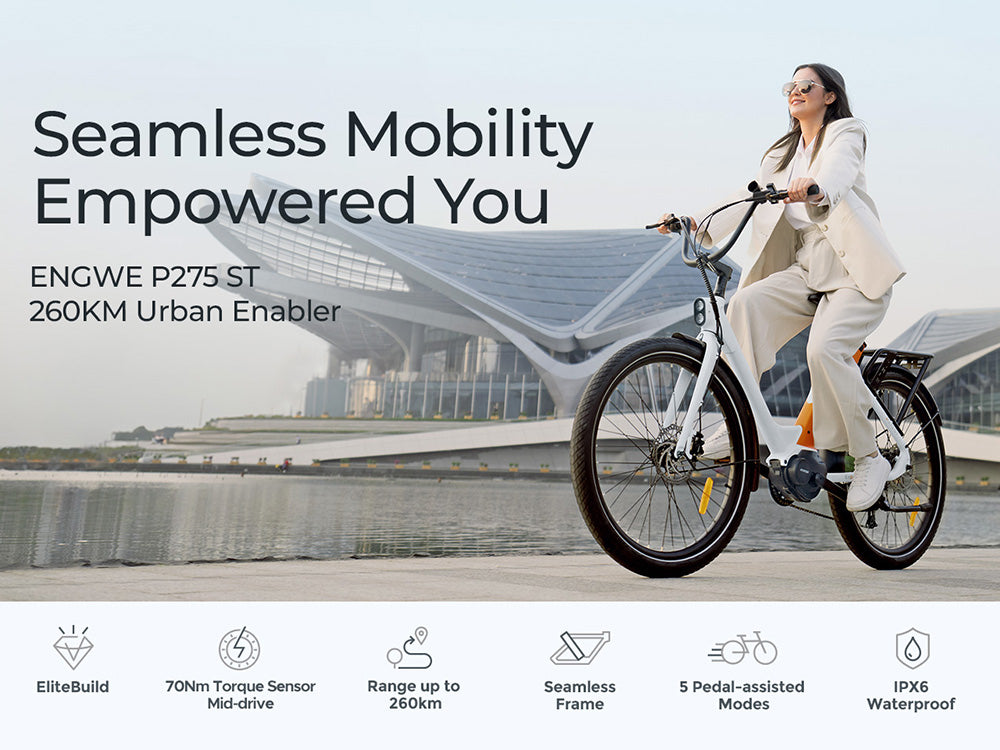 Městské elektrokolo ENGWE P275 ST, bezkartáčový motor 250 W se senzorem točivého momentu uprostřed, baterie 36 V 19,2 Ah, maximální dojezd 260 km, hydraulické kotoučové brzdy, 27,5" drátové pneumatiky, 9 rychlostí SHIMANO - bílé