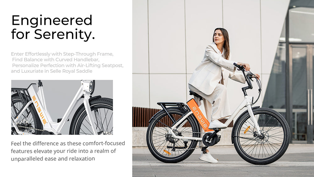 Městské elektrokolo ENGWE P275 ST, bezkartáčový motor 250 W se senzorem točivého momentu uprostřed, baterie 36 V 19,2 Ah, maximální dojezd 260 km, hydraulické kotoučové brzdy, 27,5" drátové pneumatiky, 9 rychlostí SHIMANO - bílé