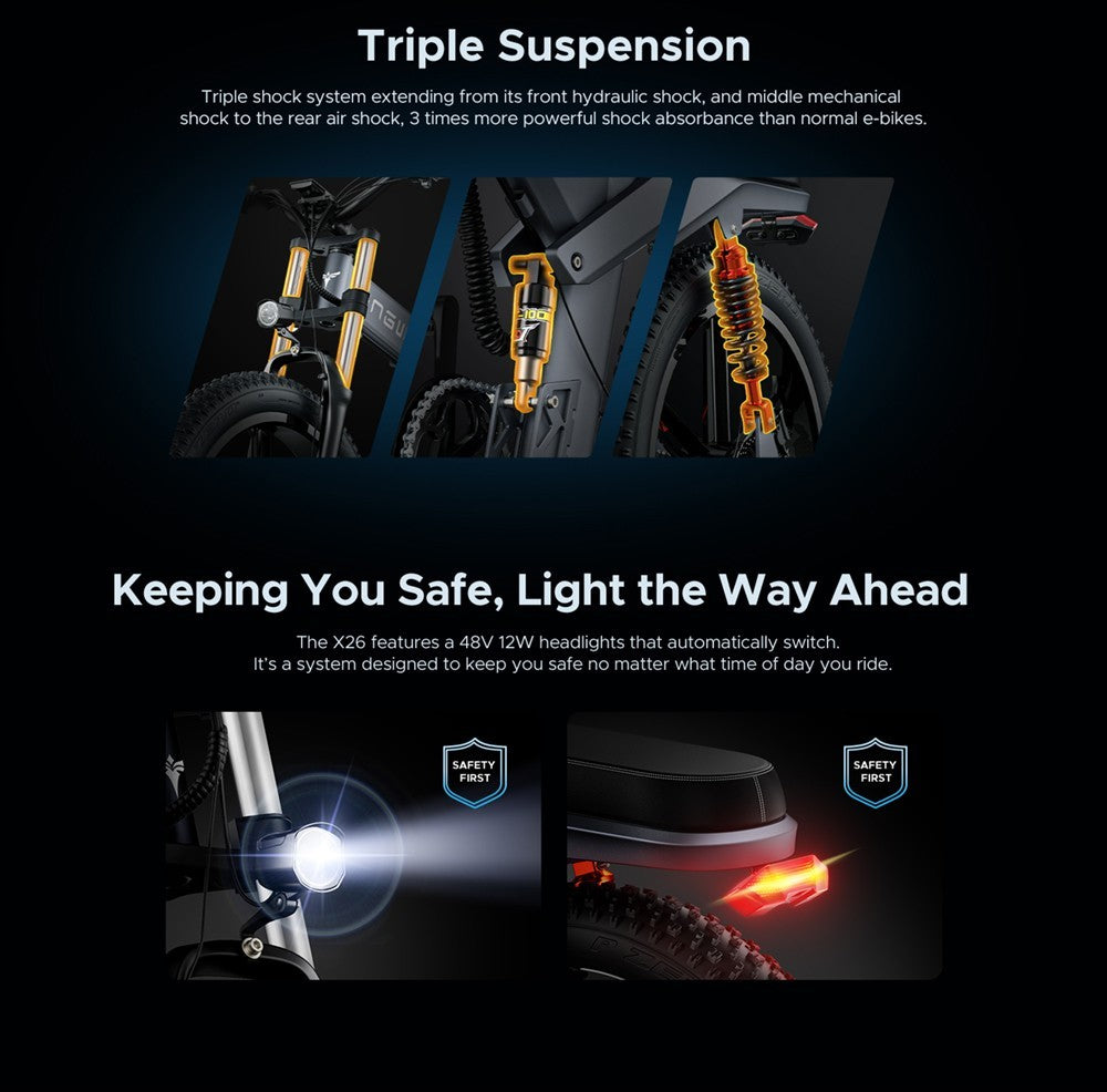 Elektrické kolo ENGWE X26 26*4,0 palce, tlusté pneumatiky, maximální rychlost 50 km/h, motor 48 V 1000 W, baterie 19,2 Ah, dojezd 100 km, maximální zatížení 150 kg, trojitý systém odpružení Shimano 8 rychlostí, dvojitá hydraulická kotoučová brzda pro horské elektrokolo do každého terénu - šedé