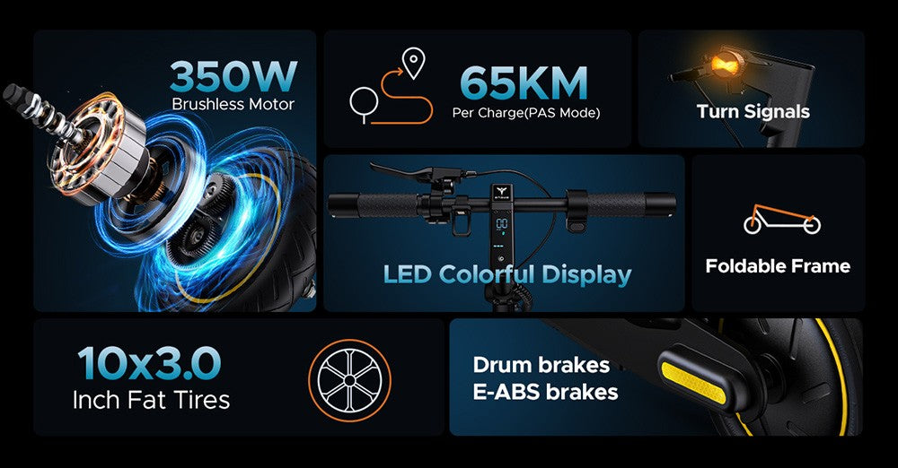 Elektrická koloběžka ENGWE Y10 10*3,0 palce, pneumatiky, 36V 350W motor, rychlost 25 km/h, baterie 13 Ah, dojezd 65 km