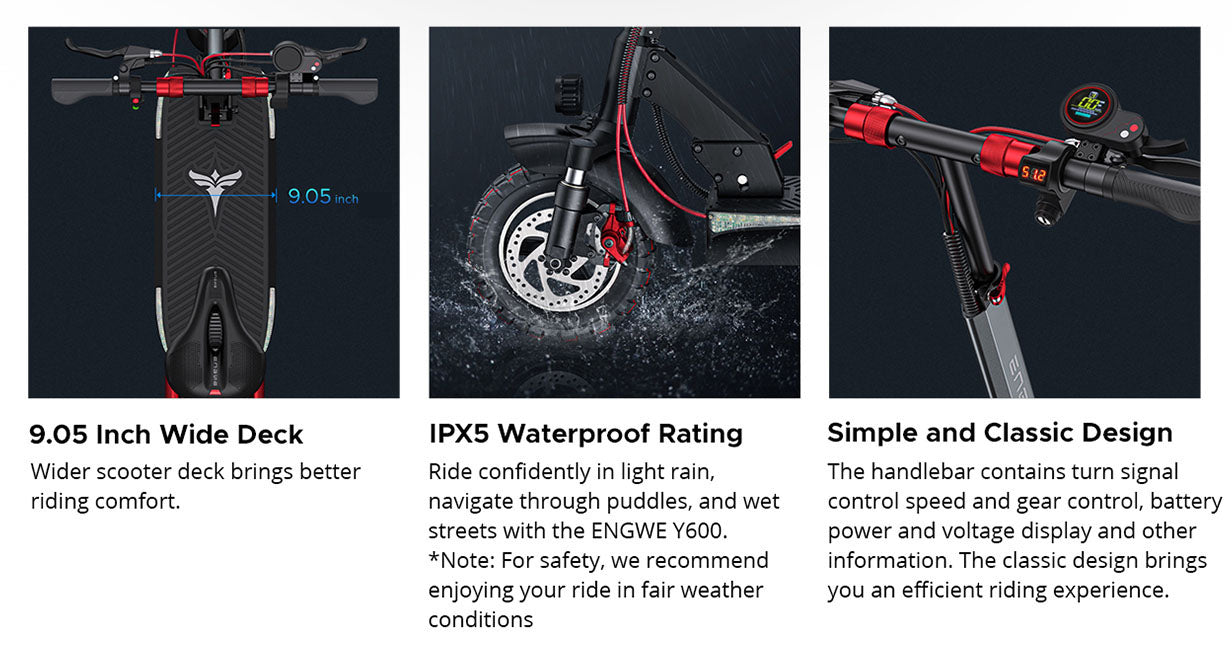 Elektrická koloběžka ENGWE Y600, motor 600 W, baterie 48 V 18,2 Ah, tlusté pneumatiky 10*4 palce, maximální rychlost 25 km/h, dojezd 70 km, mechanická kotoučová brzda, odnímatelné sedadlo