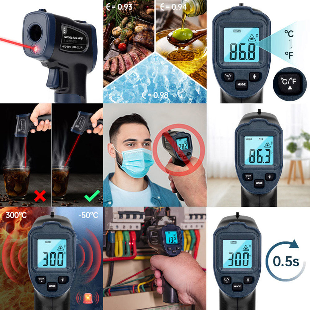 Infračervený teploměr ERICKHILL ROOK600 SP, -58 °F až 1112 °F, LCD displej, bezkontaktní, pro opravy a kontrolu vozidel, pro vaření, výrobu piva, kutilství a hračky pro domácí mazlíčky, NENÍ určen pro lidi