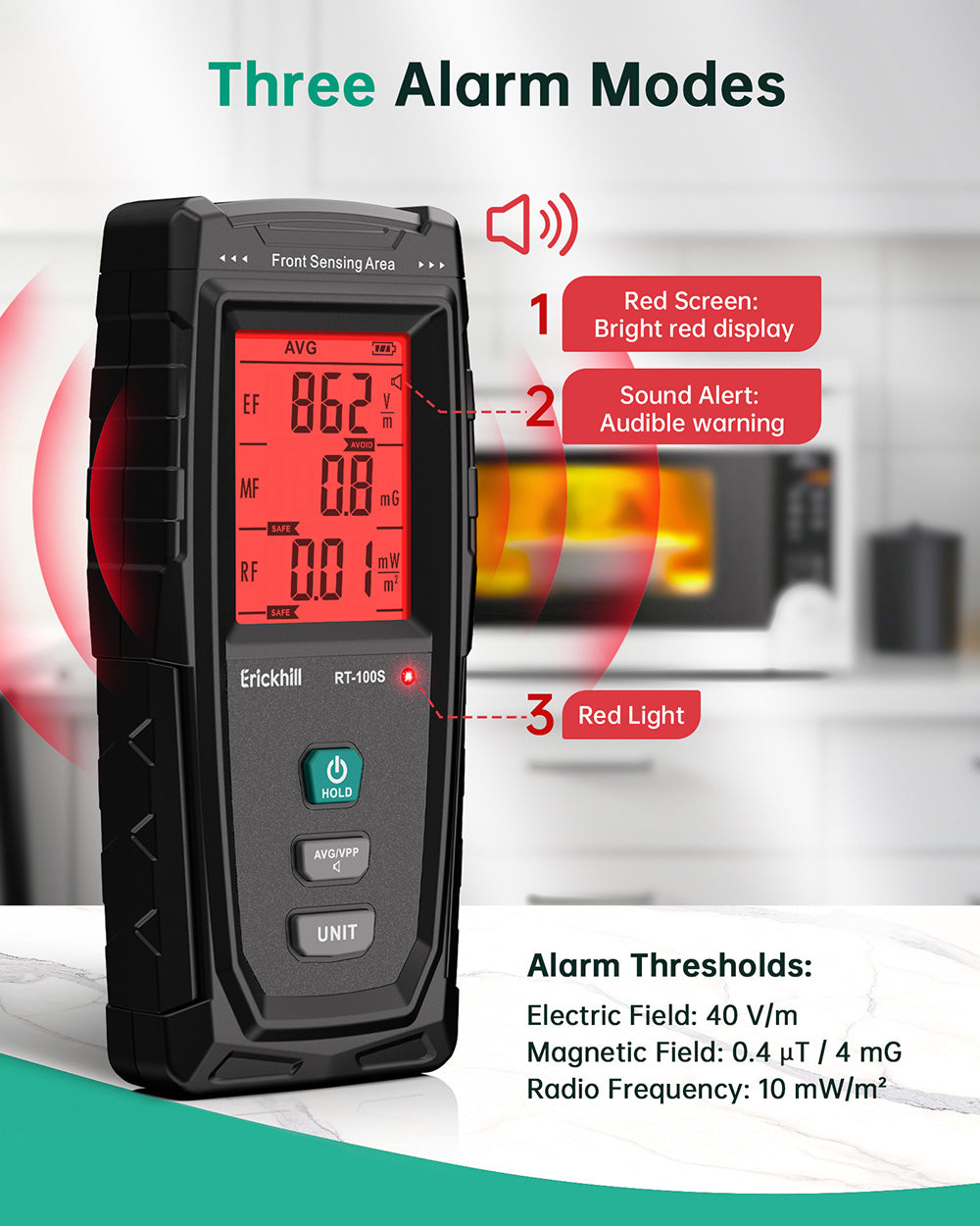 ERICKHILL RT-100S 3v1 detektor elektromagnetického pole, dobíjecí digitální detektor záření elektromagnetického pole, pro domácí inspekce elektromagnetického pole, lov duchů