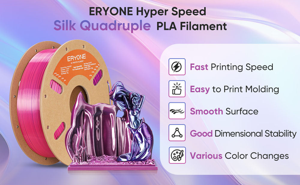 ERYONE Vysokorychlostní čtyřbarevný hedvábný PLA filament, 1 kg - Cold Flame Nocturnal (tmavě fialová a purpurová a růžová a nebesky modrá)