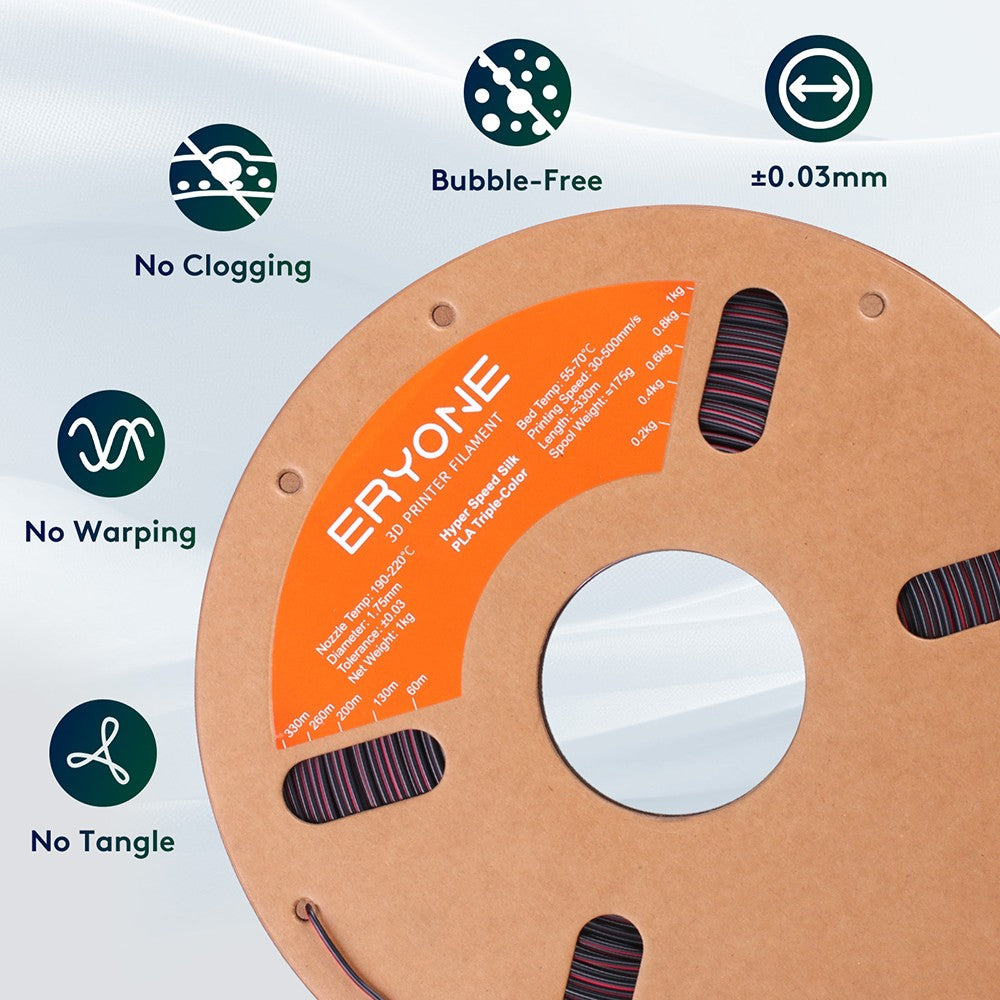 ERYONE Vysokorychlostní hedvábný tříbarevný PLA filament 1kg, černý, červený a zlatý