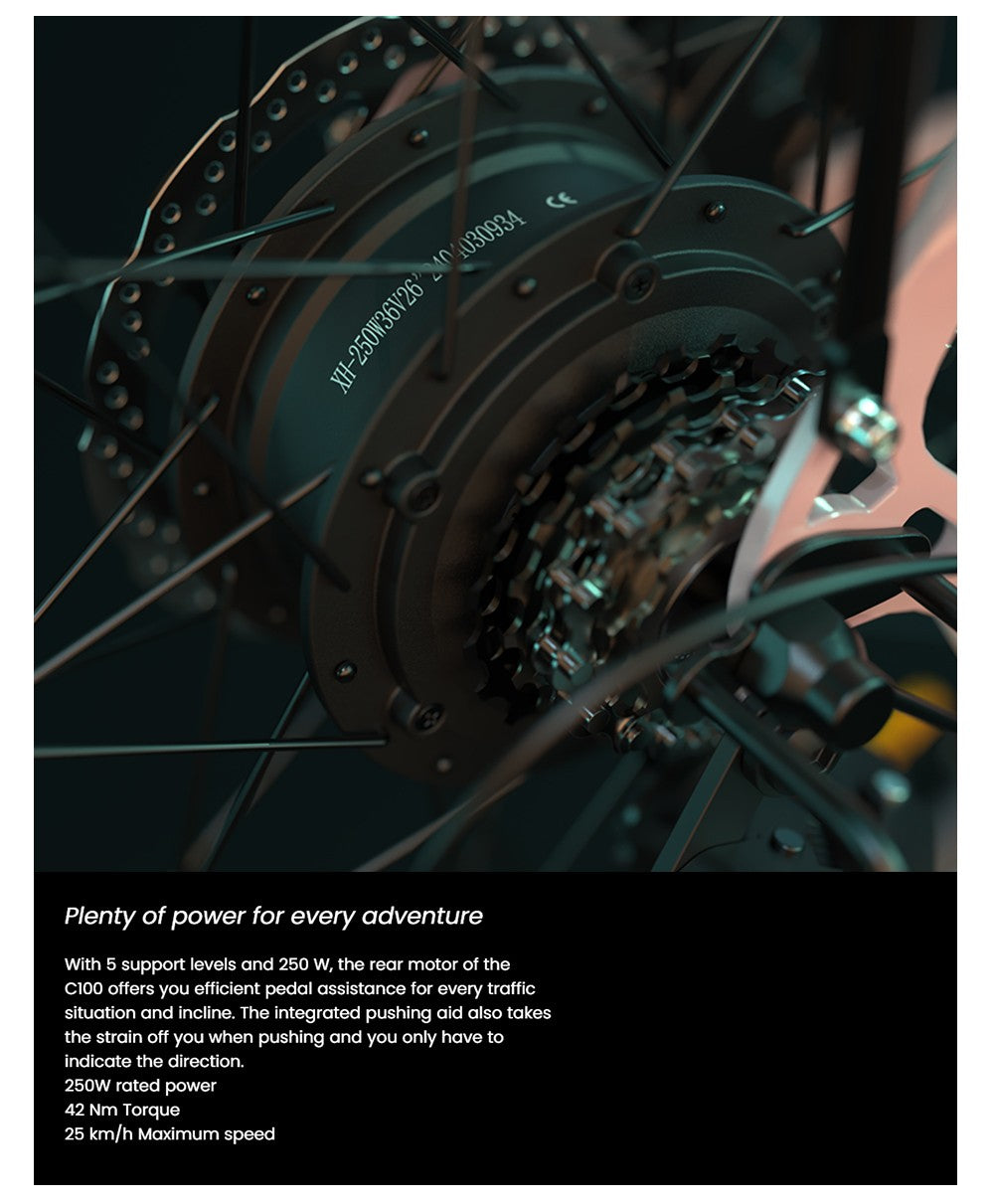 Elektrokolo ESKUTE C100, motor 250 W, baterie 36 V 10,4 Ah, pneumatiky 26 x 1,75 palce, maximální rychlost 25 km/h, dojezd 50–60 km, mechanické kotoučové brzdy, SHIMANO 7 rychlostí – růžová