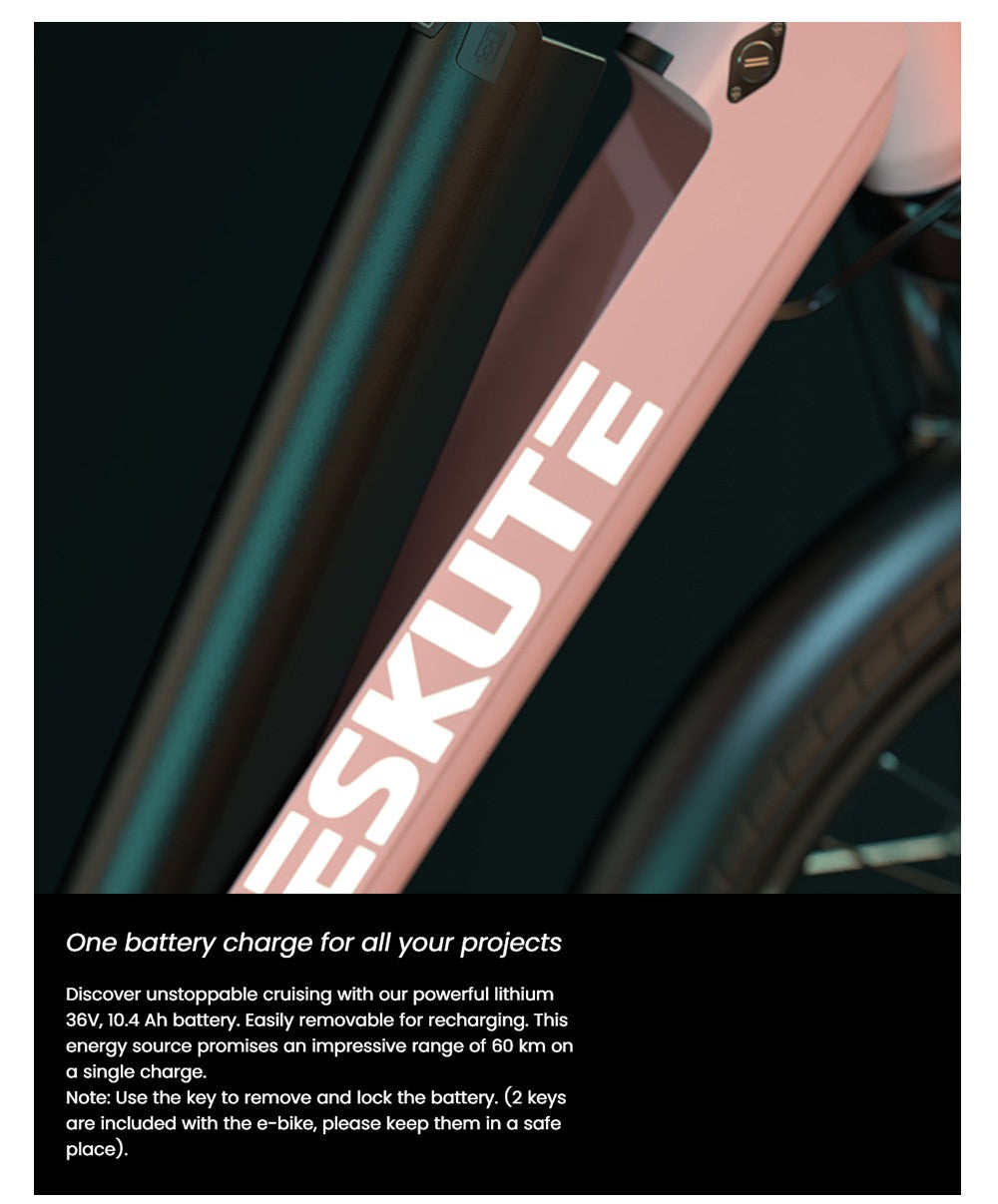 Elektrokolo ESKUTE C100, motor 250 W, baterie 36 V 10,4 Ah, pneumatiky 26 x 1,75 palce, maximální rychlost 25 km/h, dojezd 50–60 km, mechanické kotoučové brzdy, SHIMANO 7 rychlostí – růžová