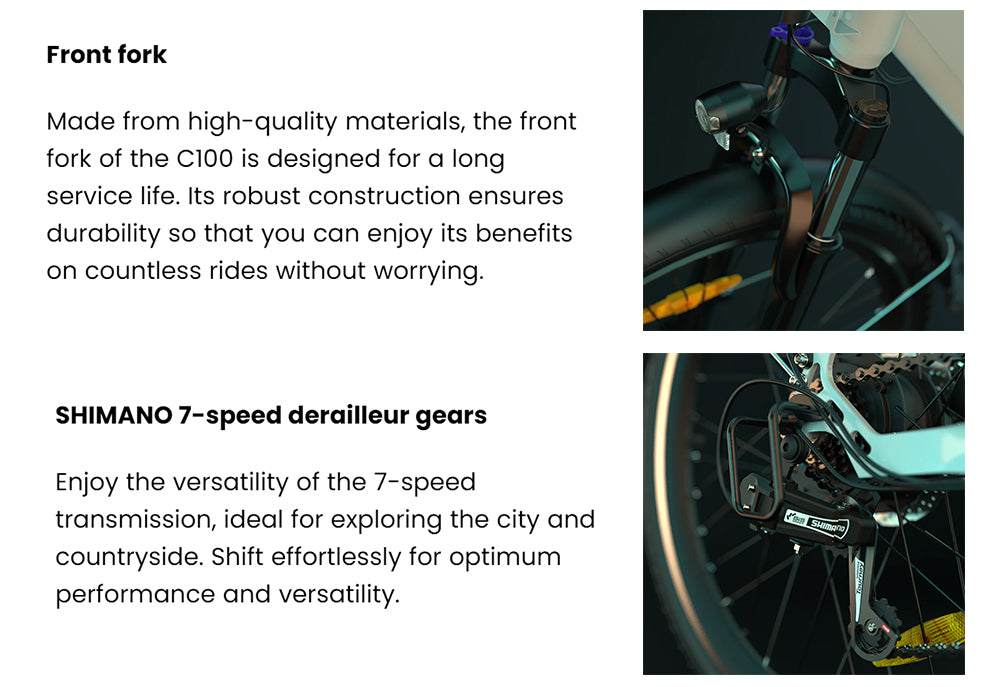 Elektrokolo ESKUTE C100, motor 250 W, baterie 36 V 10,4 Ah, pneumatiky 26 x 1,75 palce, maximální rychlost 25 km/h, dojezd 50–60 km, mechanické kotoučové brzdy, SHIMANO 7 rychlostí – růžová