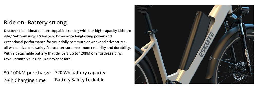 Elektrické kolo ESKUTE Polluno Plus, motor 250 W, baterie 36 V 20 Ah, rozměry 26*1,75 palce, maximální rychlost 25 km/h, dojezd 100 km, mechanické kotoučové brzdy, řazení Shimano 7 rychlostí - bílé