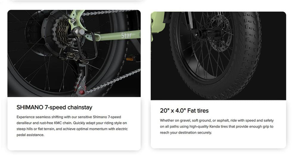 Skládací elektrické kolo ESKUTE Star 20*4,0 palce, tlusté pneumatiky, motor 250 W, maximální rychlost 25 km/h, baterie 36 V 25 Ah, dojezd 100 km, Shimano 7 rychlostí, hydraulické kotoučové brzdy - černé