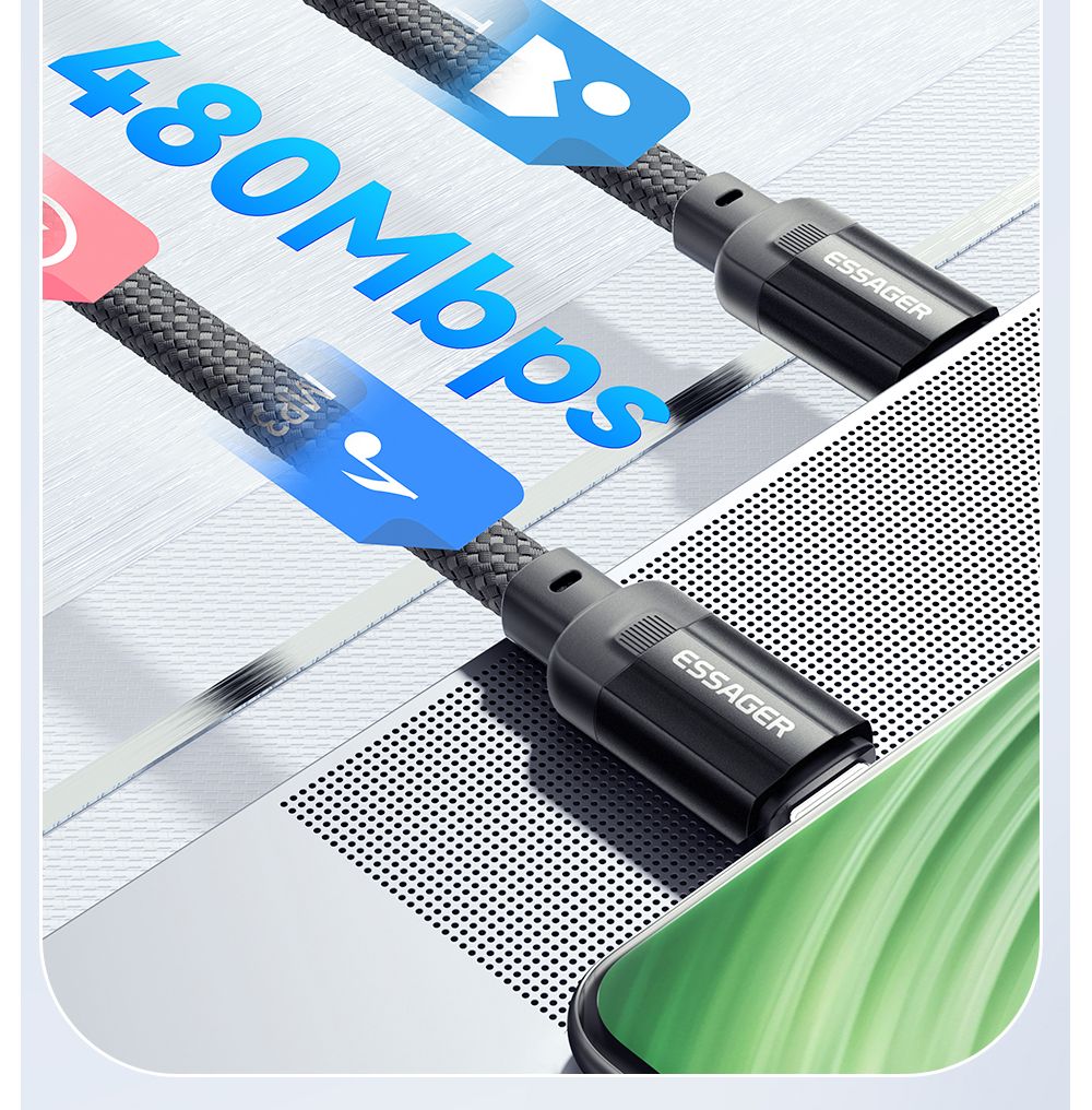 Nabíjecí kabel ESSAGER 100W 5A Type-C na Type-C, USB 2.0 480 Mbps, magnetická adsorpce, flexibilní nastavení, čip E-Marker, 1 m