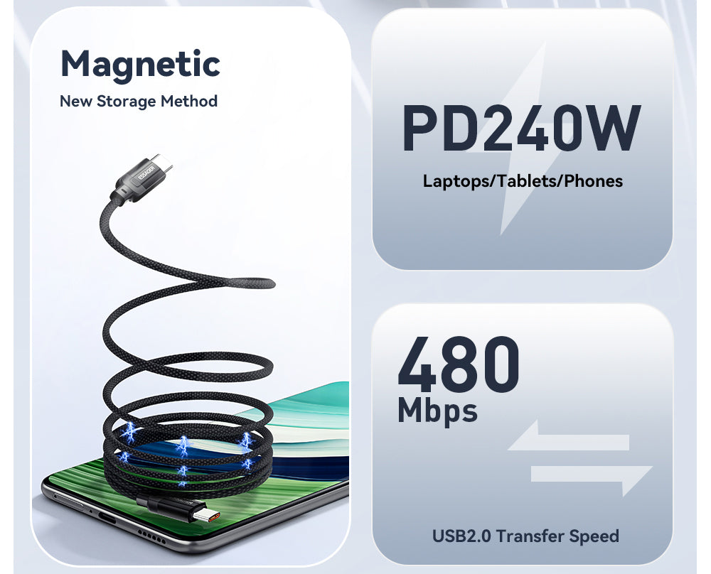 Nabíjecí kabel ESSAGER 100W 5A Type-C na Type-C, USB 2.0 480 Mbps, magnetická adsorpce, flexibilní nastavení, čip E-Marker, 1 m