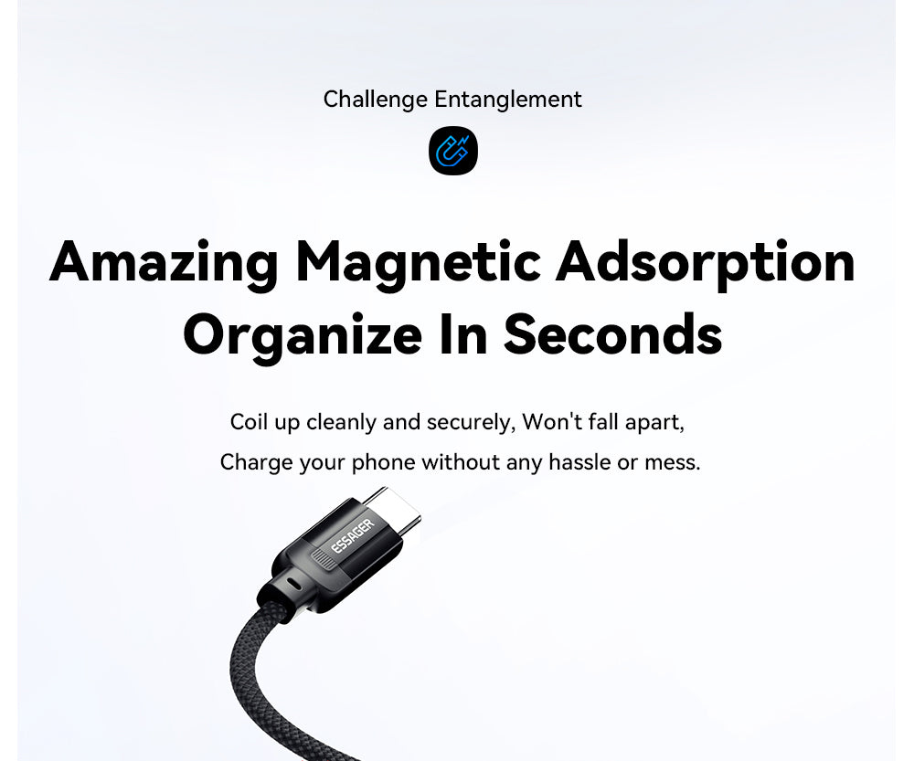 Nabíjecí kabel ESSAGER 100W 5A Type-C na Type-C, USB 2.0 480 Mbps, magnetická adsorpce, flexibilní nastavení, čip E-Marker, 1 m