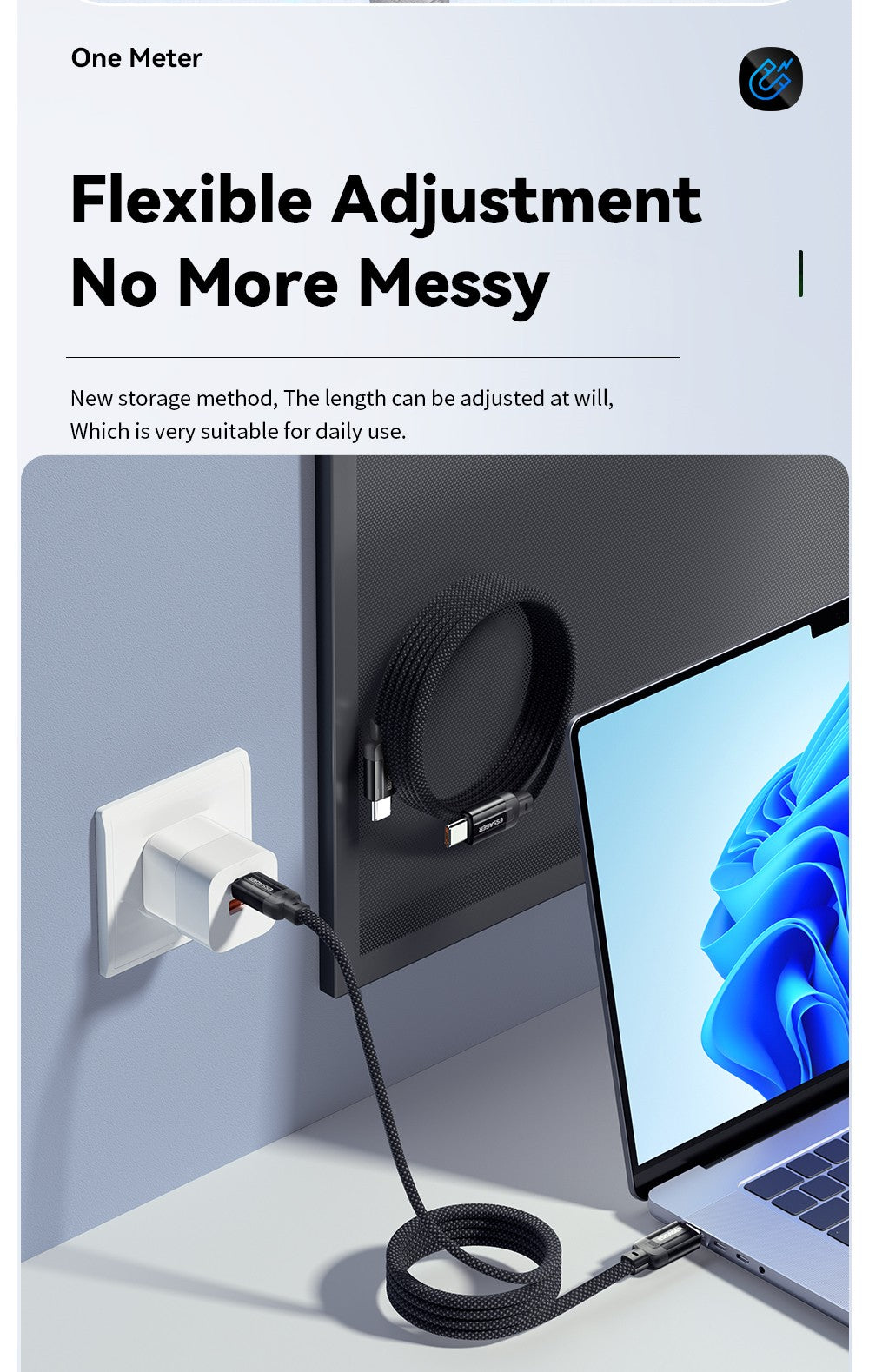Nabíjecí kabel ESSAGER 100W 5A Type-C na Type-C, USB 2.0 480 Mbps, magnetická adsorpce, flexibilní nastavení, čip E-Marker, 1 m