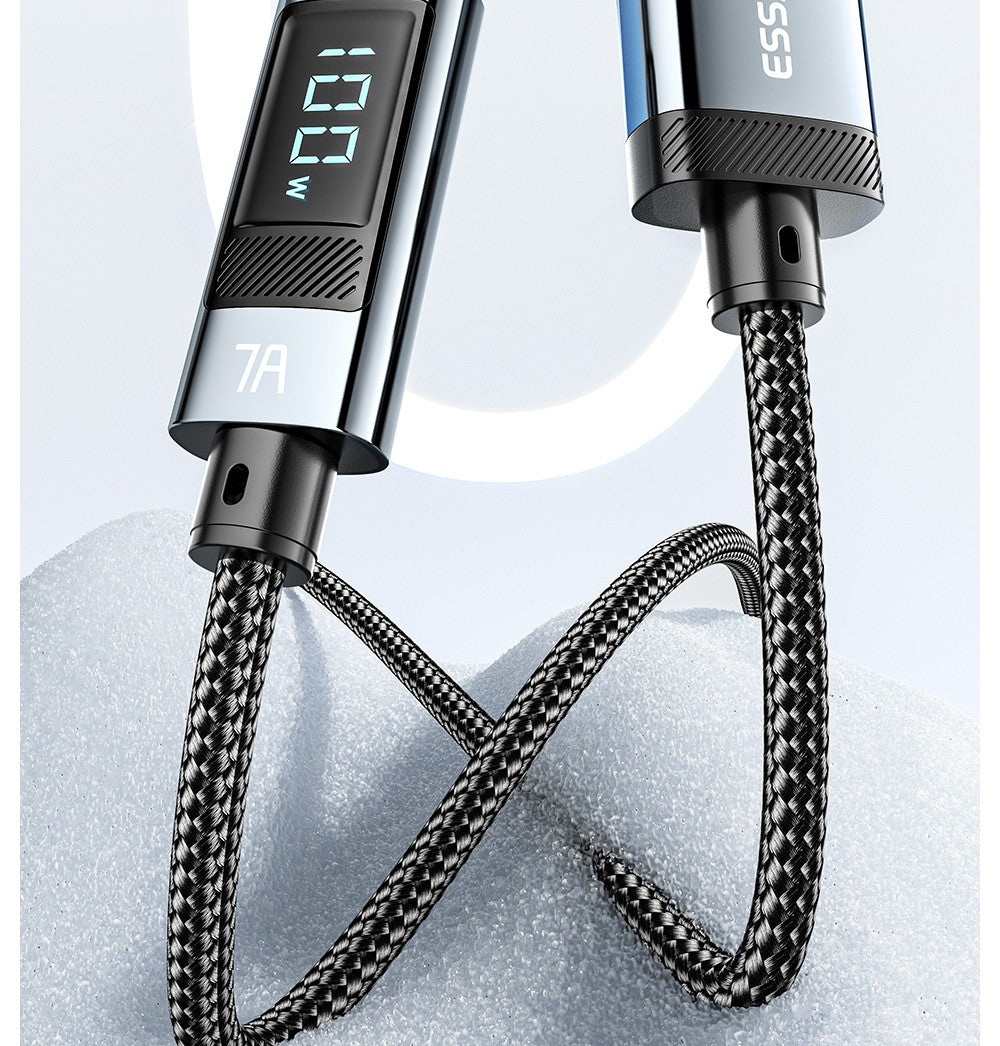 Nabíjecí kabel ESSAGER 100W 7A USB-A na Type-C, digitální displej, USB 2.0 480 Mbps, se suchým zipem, protokol QC