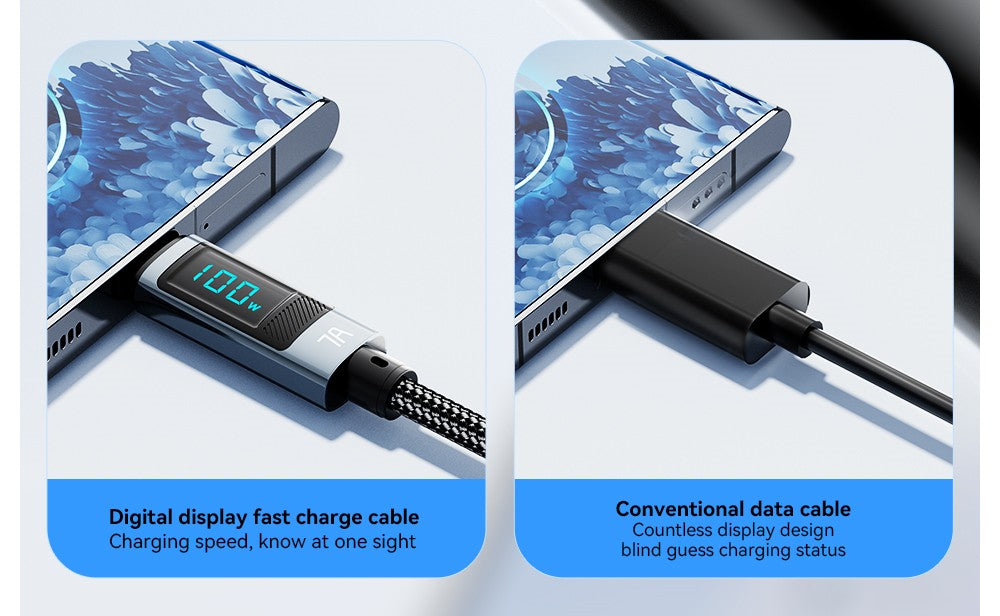 Nabíjecí kabel ESSAGER 100W 7A USB-A na Type-C, digitální displej, USB 2.0 480 Mbps, se suchým zipem, protokol QC