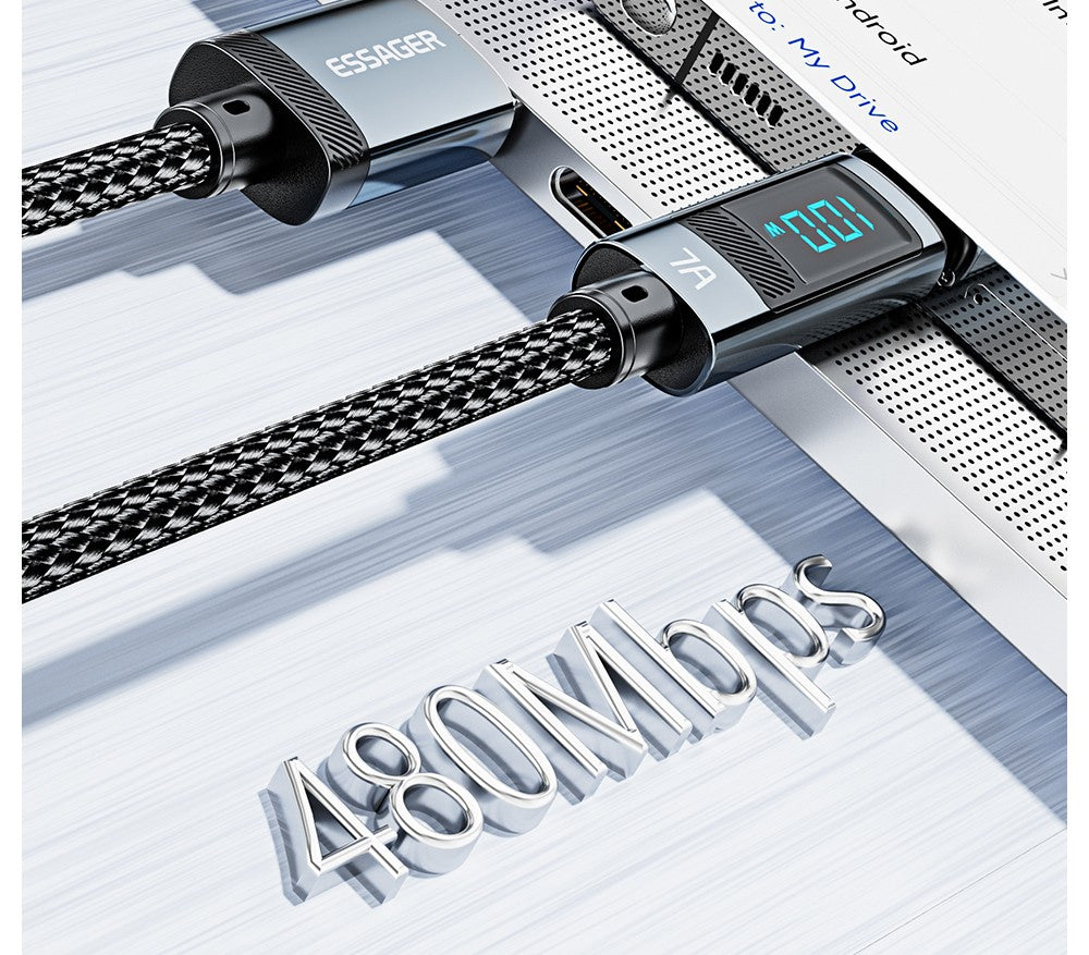 Nabíjecí kabel ESSAGER 100W 7A USB-A na Type-C, digitální displej, USB 2.0 480 Mbps, se suchým zipem, protokol QC