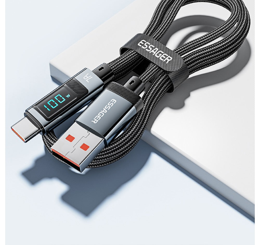 Nabíjecí kabel ESSAGER 100W 7A USB-A na Type-C, digitální displej, USB 2.0 480 Mbps, se suchým zipem, protokol QC