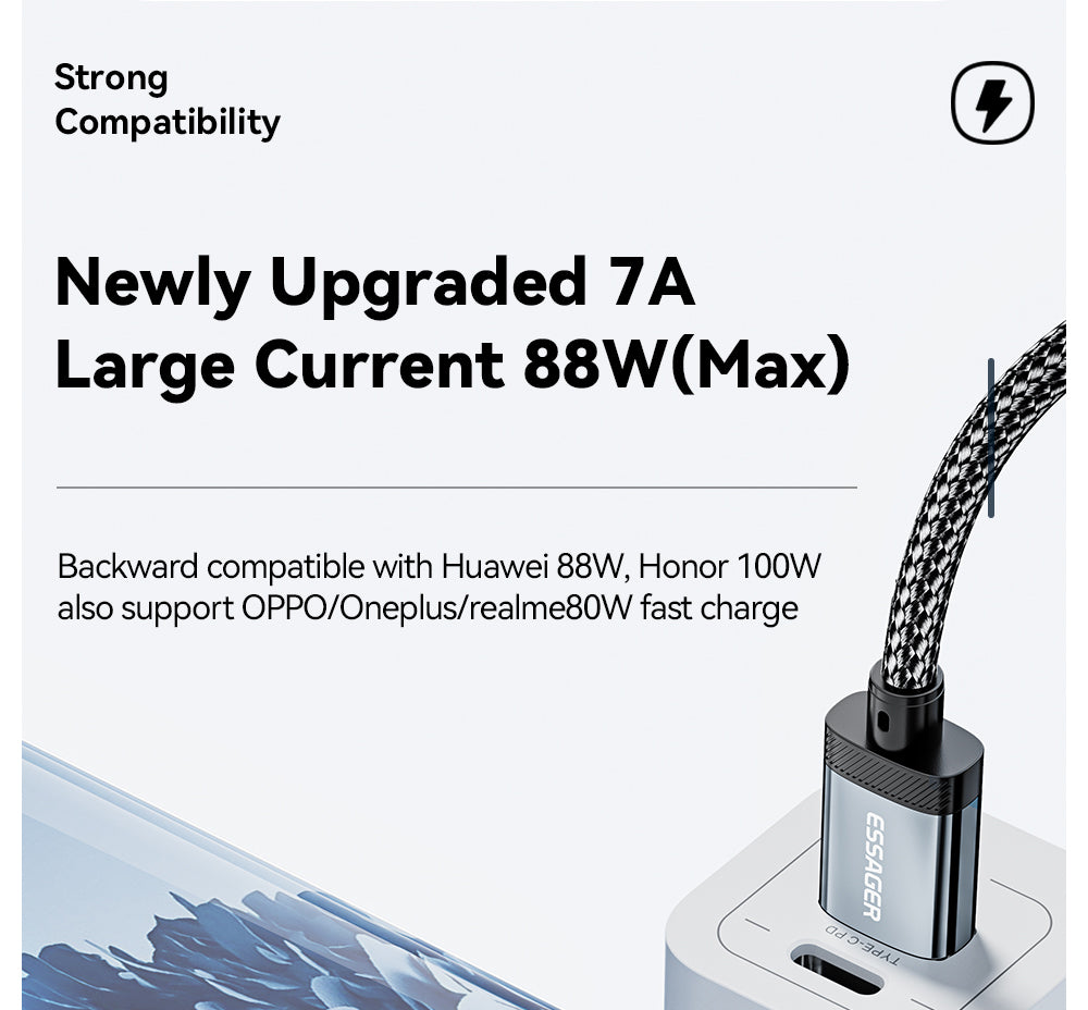 Nabíjecí kabel ESSAGER 100W 7A USB-A na Type-C, digitální displej, USB 2.0 480 Mbps, se suchým zipem, protokol QC