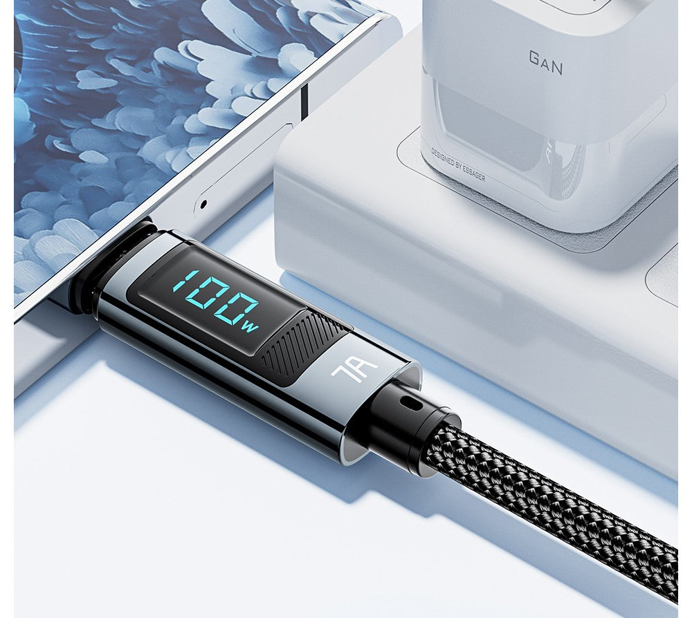 Nabíjecí kabel ESSAGER 100W 7A USB-A na Type-C, digitální displej, USB 2.0 480 Mbps, se suchým zipem, protokol QC