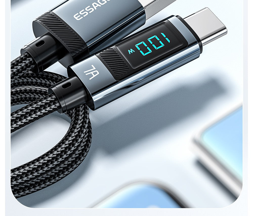 Nabíjecí kabel ESSAGER 100W 7A USB-A na Type-C, digitální displej, USB 2.0 480 Mbps, se suchým zipem, protokol QC