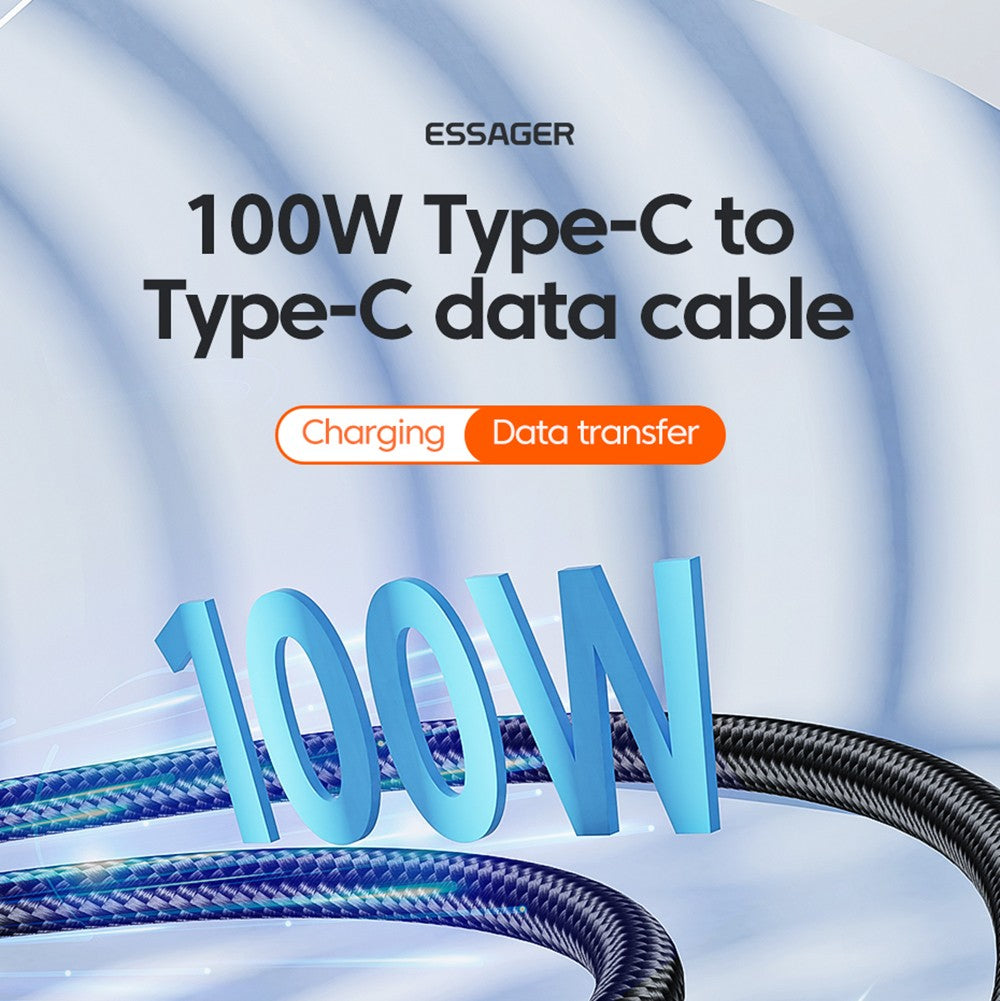 Datový kabel ESSAGER 100W Type-C na Type-C, rychlé nabíjení PD, přenosová rychlost 480 Mbps, pro MacBook / Tablet / Mobilní telefon Huawei Samsung - kabel 1 m
