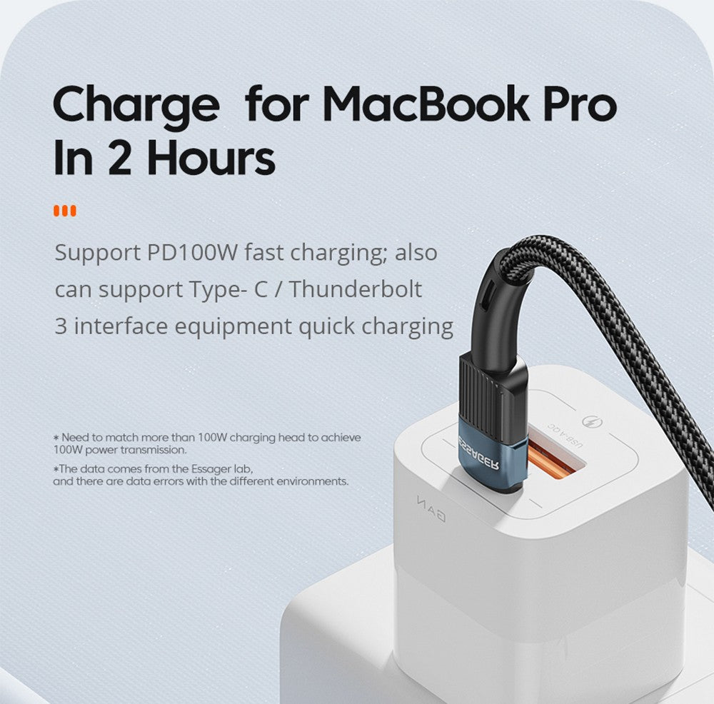 Datový kabel ESSAGER 100W Type-C na Type-C, rychlé nabíjení PD, přenosová rychlost 480 Mbps, pro MacBook / Tablet / Mobilní telefon Huawei Samsung - kabel 1 m