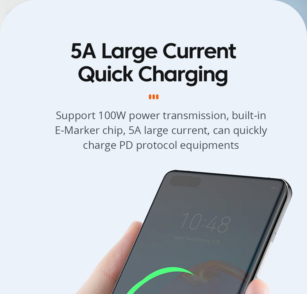 Datový kabel ESSAGER 100W Type-C na Type-C, rychlé nabíjení PD, přenosová rychlost 480 Mbps, pro MacBook / Tablet / Mobilní telefon Huawei Samsung - kabel 1 m