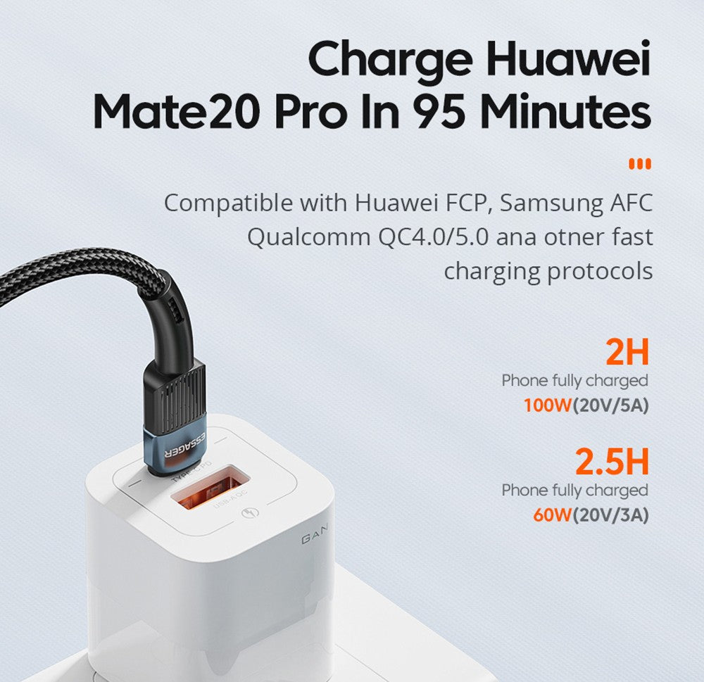 Datový kabel ESSAGER 100W Type-C na Type-C, rychlé nabíjení PD, přenosová rychlost 480 Mbps, pro MacBook / Tablet / Mobilní telefon Huawei Samsung - kabel 1 m