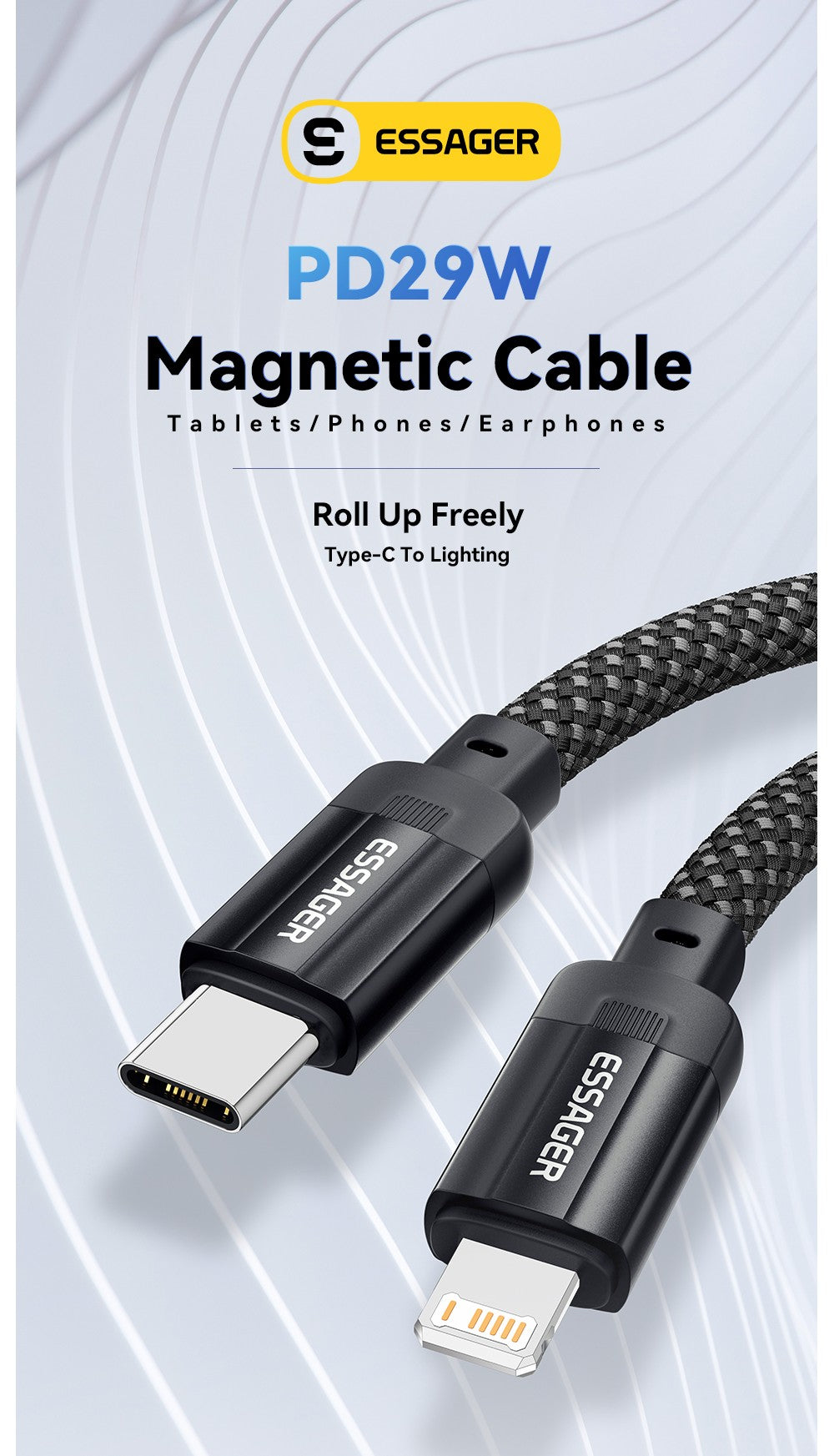 Nabíjecí kabel ESSAGER 29W 3A Type-C na Lightning, USB 2.0 480 Mbps, magnetická adsorpce, flexibilní a nastavitelný, chytrý čip, 1 m